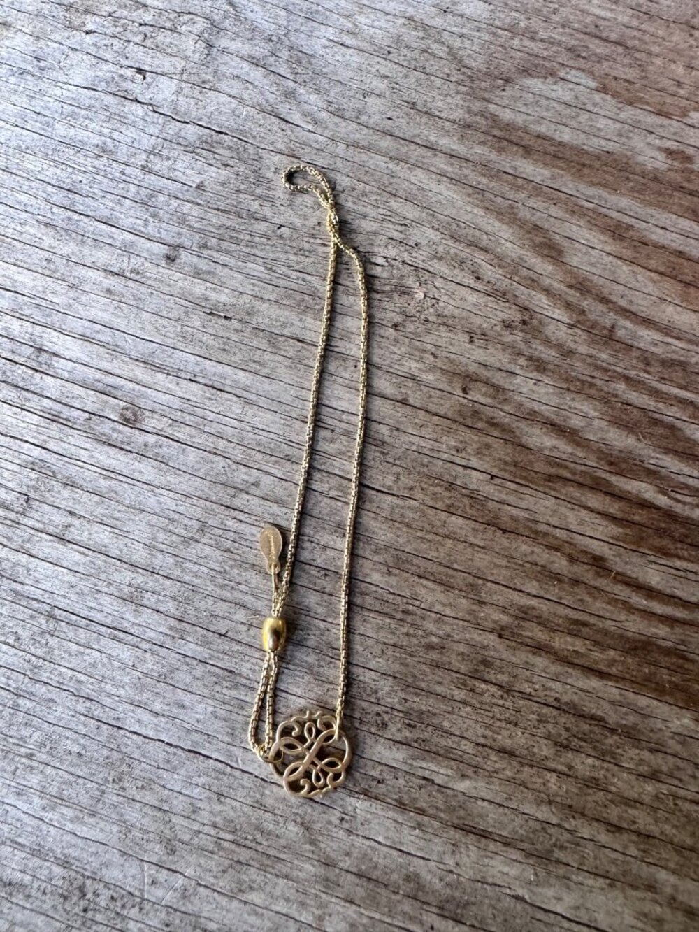 Alex and Ani Gold Tone Slider Necklace Filigree Monogram Charm Adjustable - Picture 7 of 9